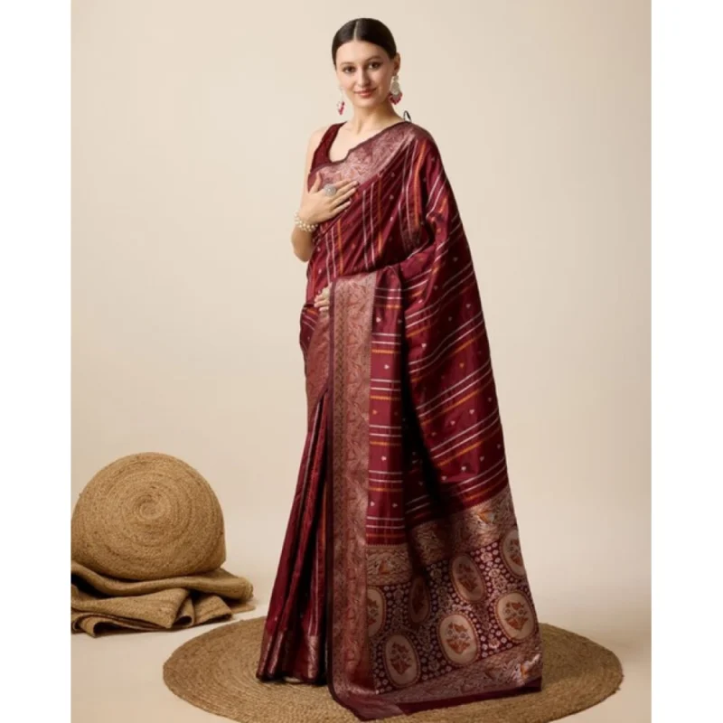 Women's Soft Silk Jacquard Saree With Unstitched Blouse 5.5Mtr (Maroon)