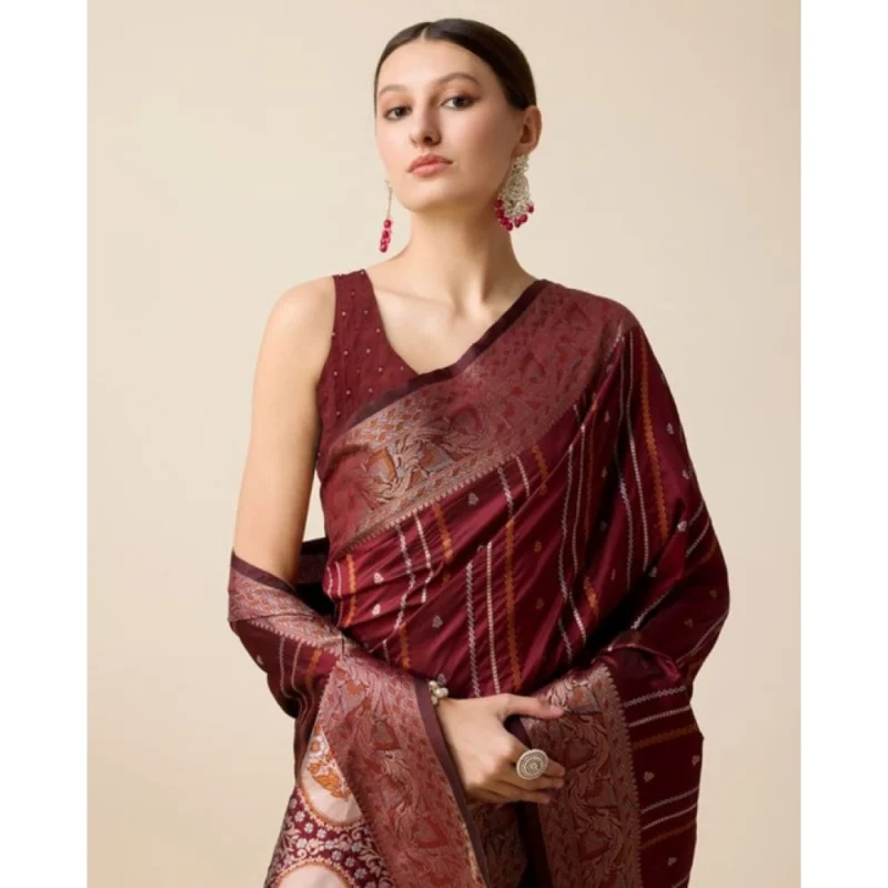 Alternative view of Women's Soft Silk Jacquard Saree With Unstitched Blouse 5.5Mtr (Maroon)