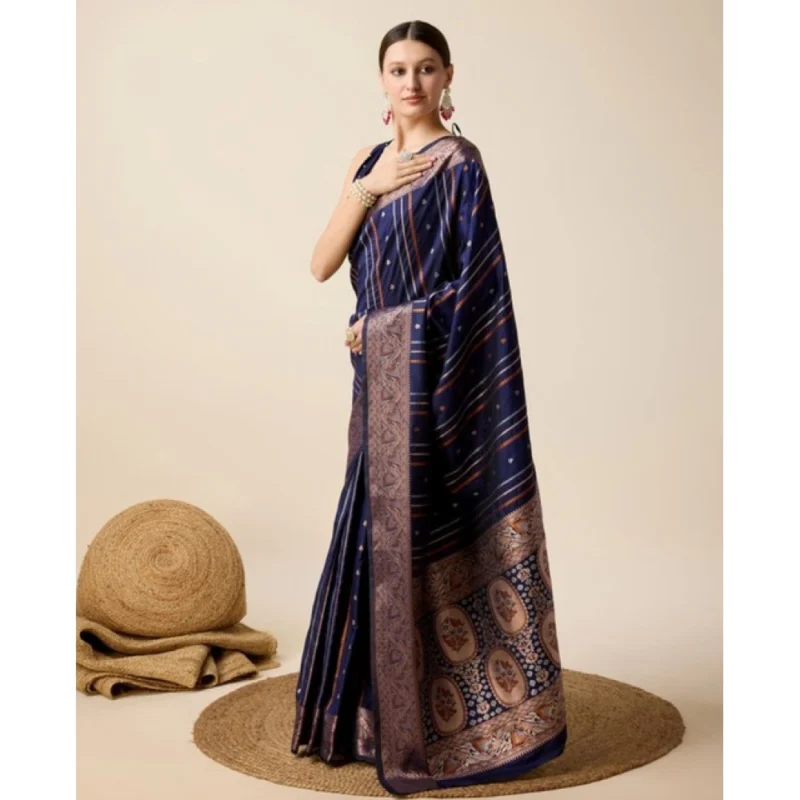 Women's Soft Silk Jacquard Saree With Unstitched Blouse 5.5Mtr (Navy)