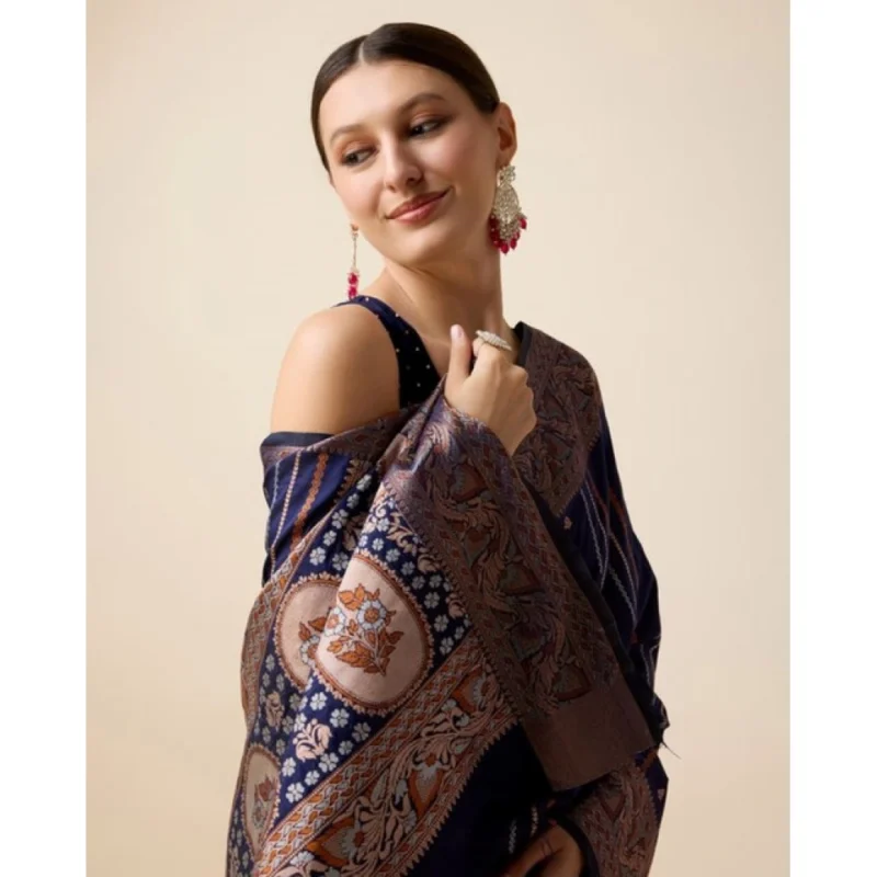 Alternative view of Women's Soft Silk Jacquard Saree With Unstitched Blouse 5.5Mtr (Navy)