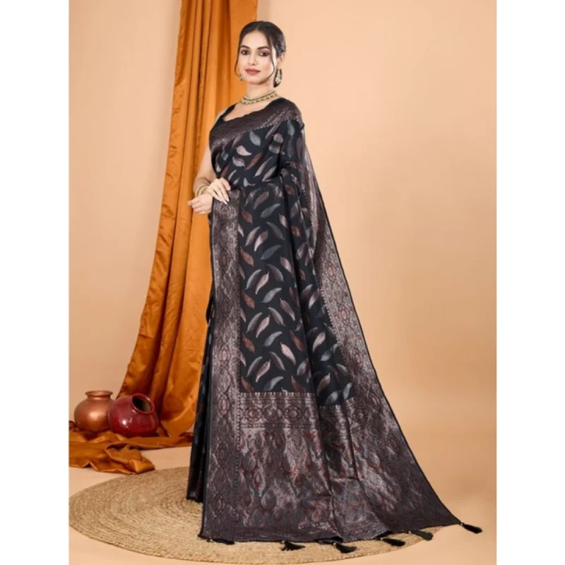 Women's Soft Silk Jacquard Saree With Unstitched Blouse 5.5Mtr (Black)