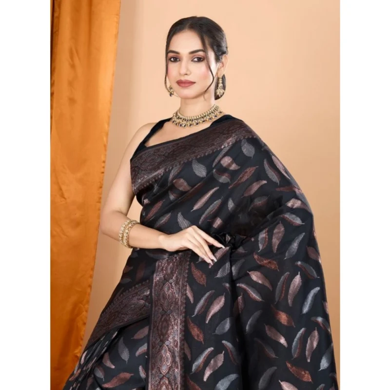 Alternative view of Women's Soft Silk Jacquard Saree With Unstitched Blouse 5.5Mtr (Black)