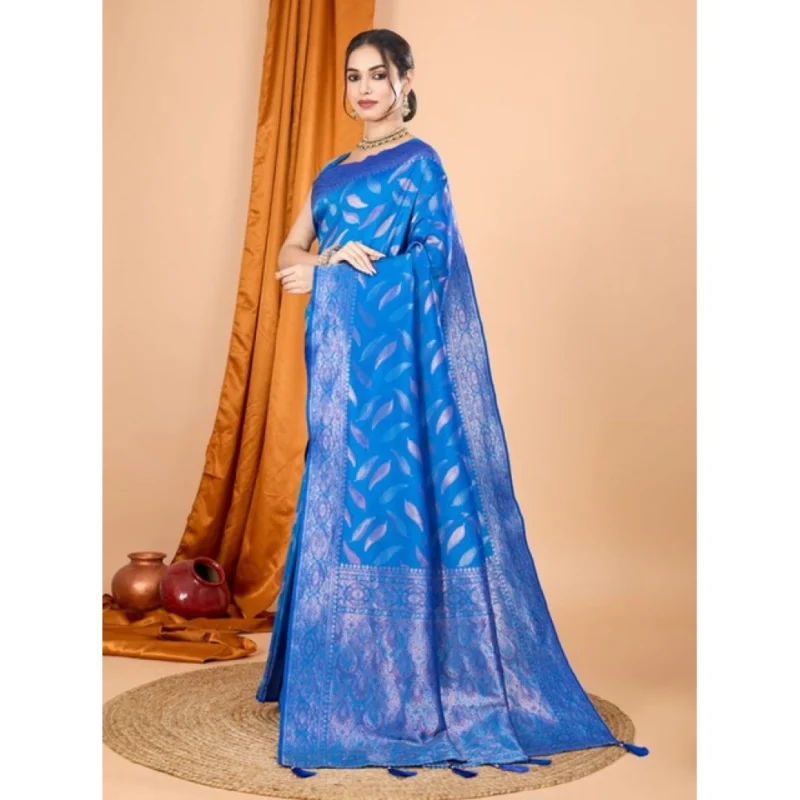 Women's Soft Silk Jacquard Saree With Unstitched Blouse 5.5Mtr (Blue)