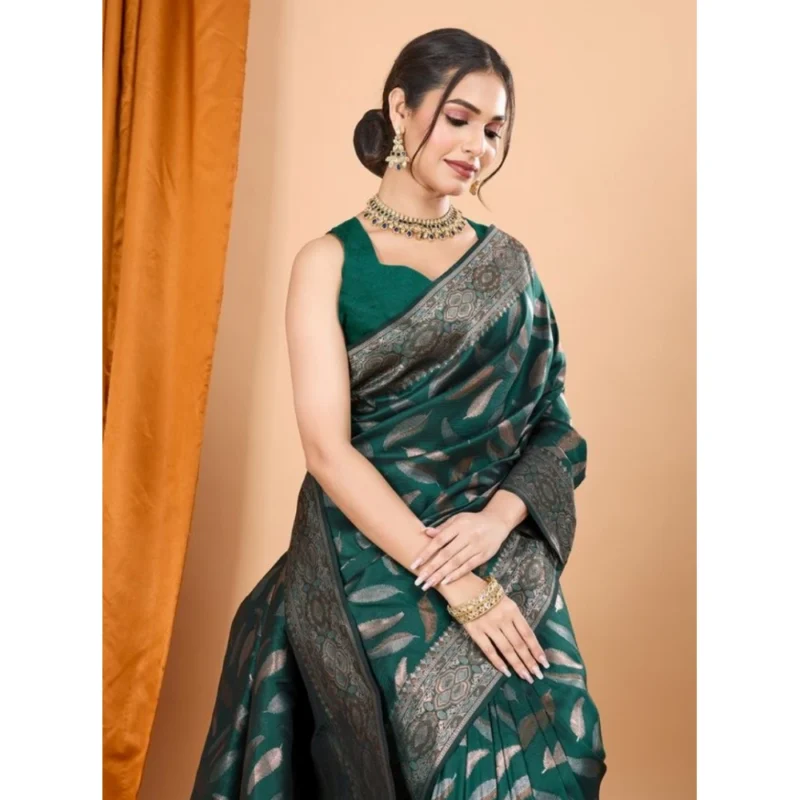 Alternative view of Women's Soft Silk Jacquard Saree With Unstitched Blouse 5.5Mtr (Green)