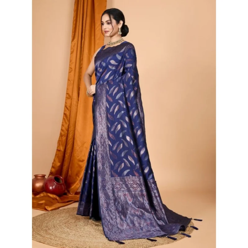 Women's Soft Silk Jacquard Saree With Unstitched Blouse 5.5Mtr (Navy Blue)