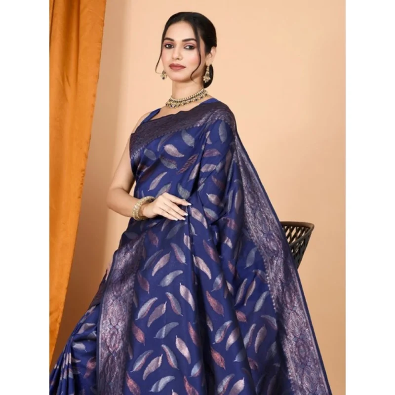 Alternative view of Women's Soft Silk Jacquard Saree With Unstitched Blouse 5.5Mtr (Navy Blue)