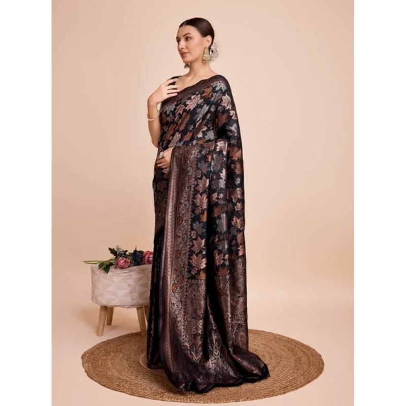 Women's Soft Silk Jacquard Saree With Unstitched Blouse 5.5Mtr (Black)