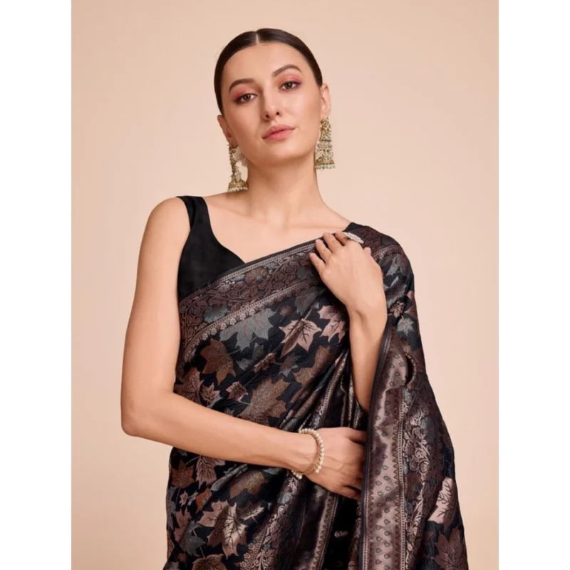 Alternative view of Women's Soft Silk Jacquard Saree With Unstitched Blouse 5.5Mtr (Black)