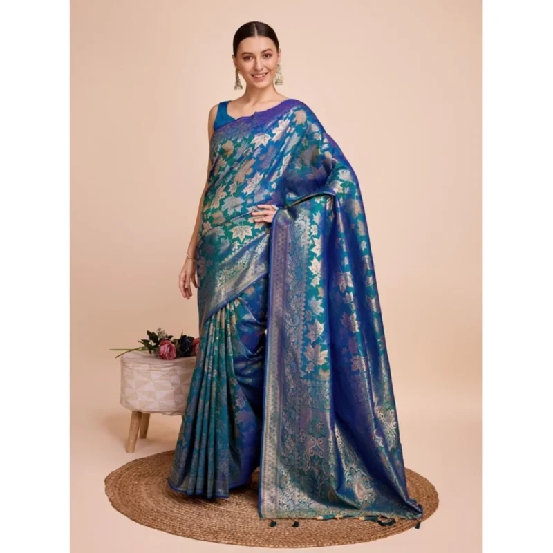 Women's Soft Silk Jacquard Saree With Unstitched Blouse 5.5Mtr (Blue)