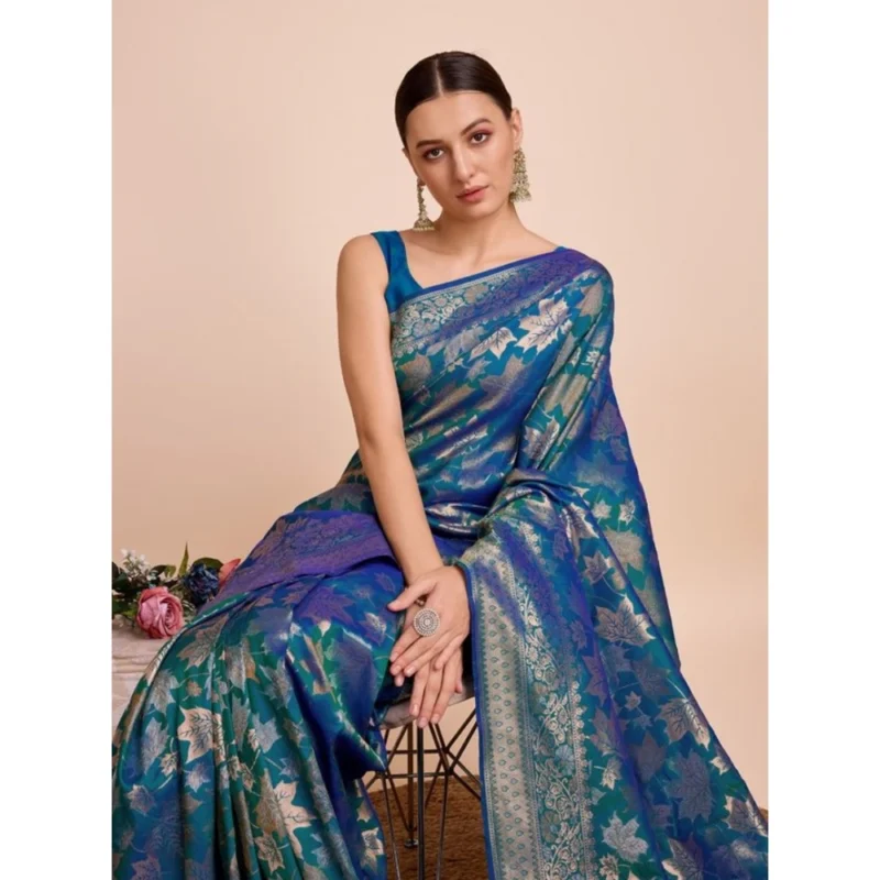 Alternative view of Women's Soft Silk Jacquard Saree With Unstitched Blouse 5.5Mtr (Blue)
