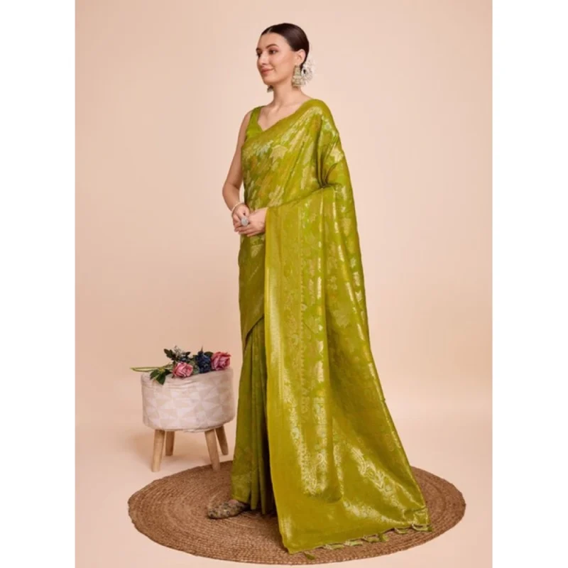 Women's Soft Silk Jacquard Saree With Unstitched Blouse 5.5Mtr (Lime-Green)