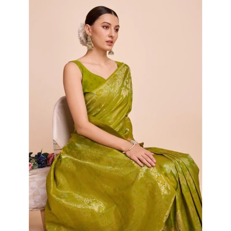 Alternative view of Women's Soft Silk Jacquard Saree With Unstitched Blouse 5.5Mtr (Lime-Green)
