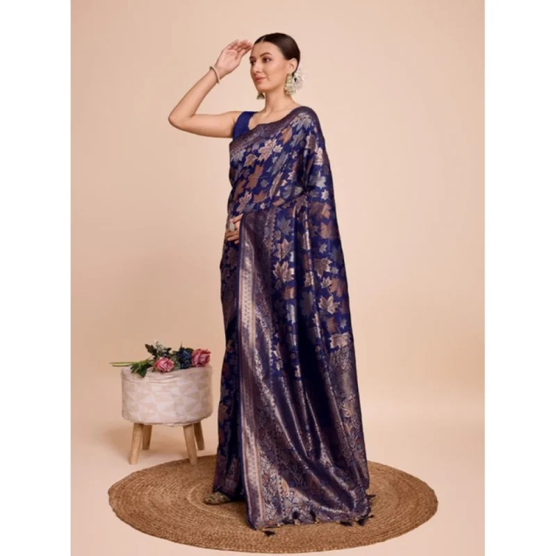 Women's Soft Silk Jacquard Saree With Unstitched Blouse 5.5Mtr (Navy-Blue)