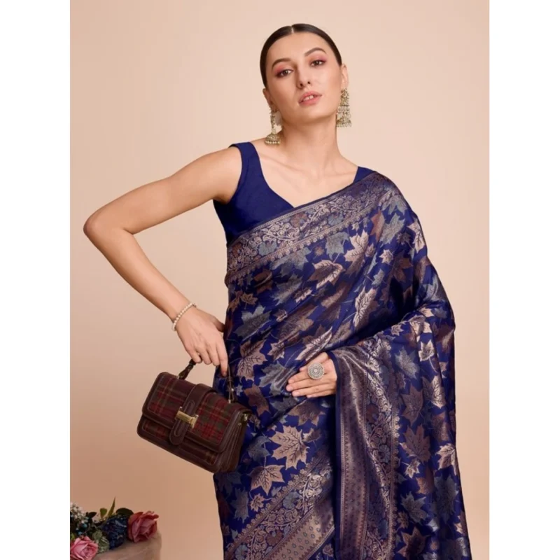 Alternative view of Women's Soft Silk Jacquard Saree With Unstitched Blouse 5.5Mtr (Navy-Blue)