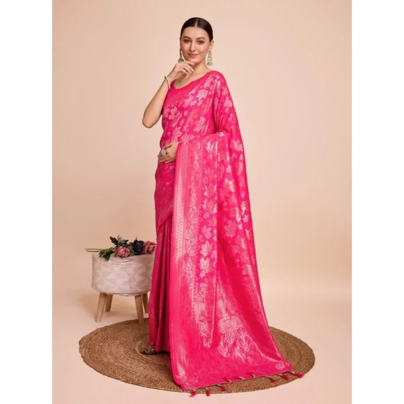 Women's Soft Silk Jacquard Saree With Unstitched Blouse 5.5Mtr (Pink)