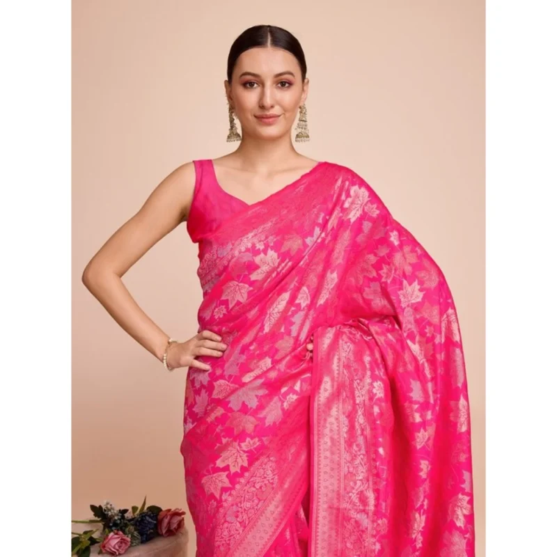 Alternative view of Women's Soft Silk Jacquard Saree With Unstitched Blouse 5.5Mtr (Pink)