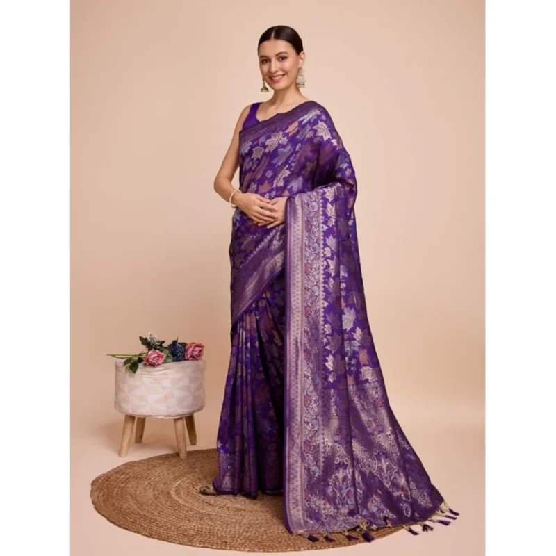 Women's Soft Silk Jacquard Saree With Unstitched Blouse 5.5Mtr (Purple)