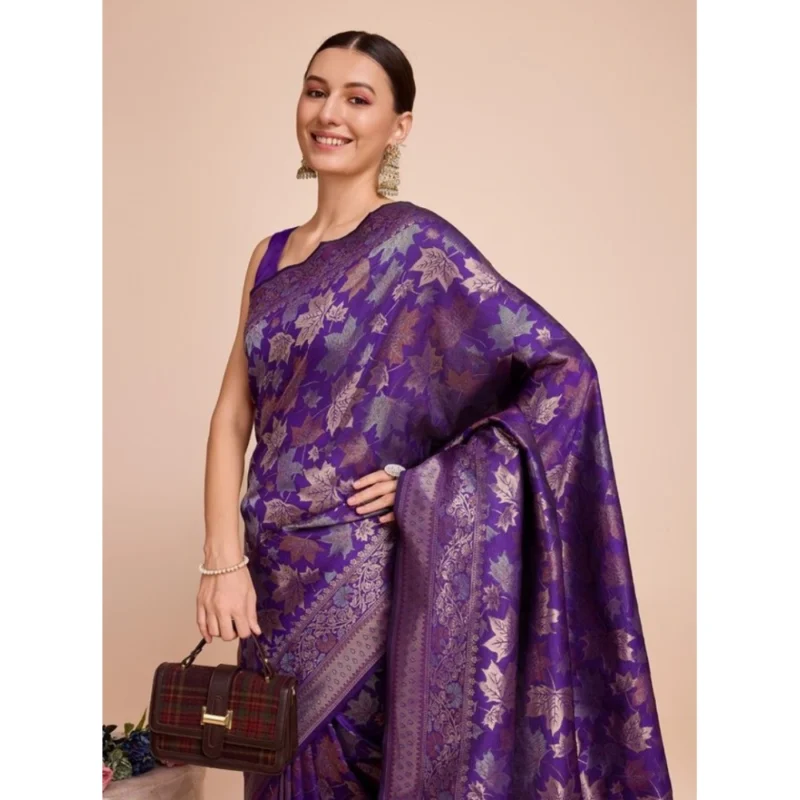 Alternative view of Women's Soft Silk Jacquard Saree With Unstitched Blouse 5.5Mtr (Purple)