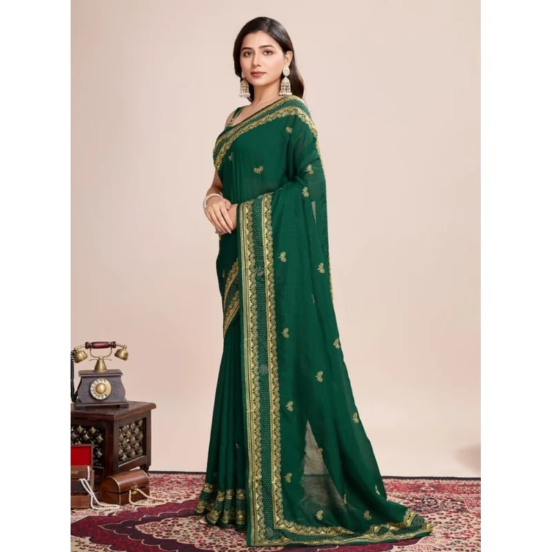 Women's Vichitra Silk Embroidery Work Saree With Unstitched Blouse 5.5Mtr (Green)