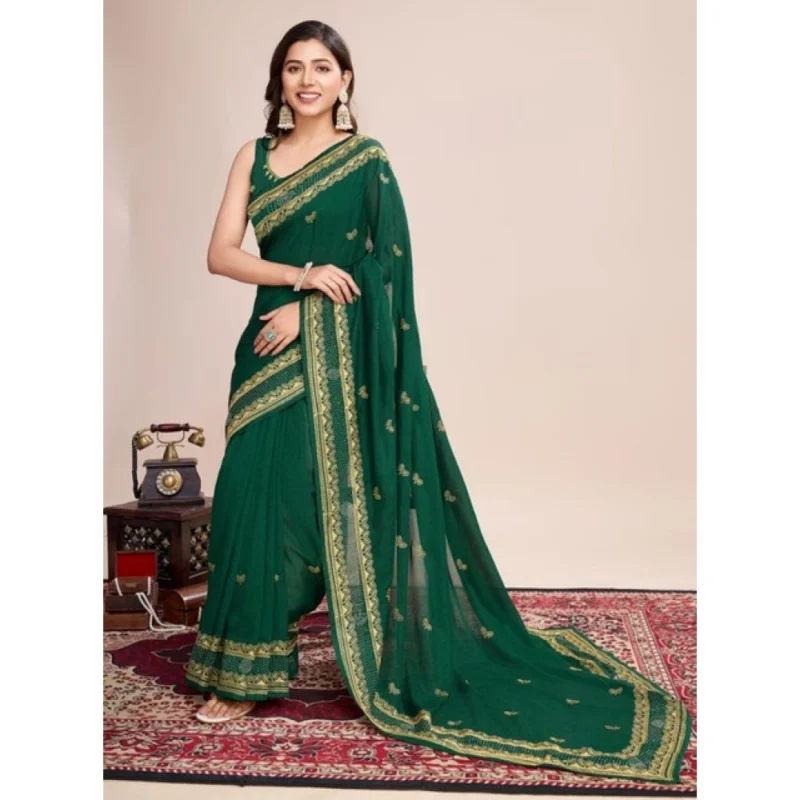 Alternative view of Women's Vichitra Silk Embroidery Work Saree With Unstitched Blouse 5.5Mtr (Green)