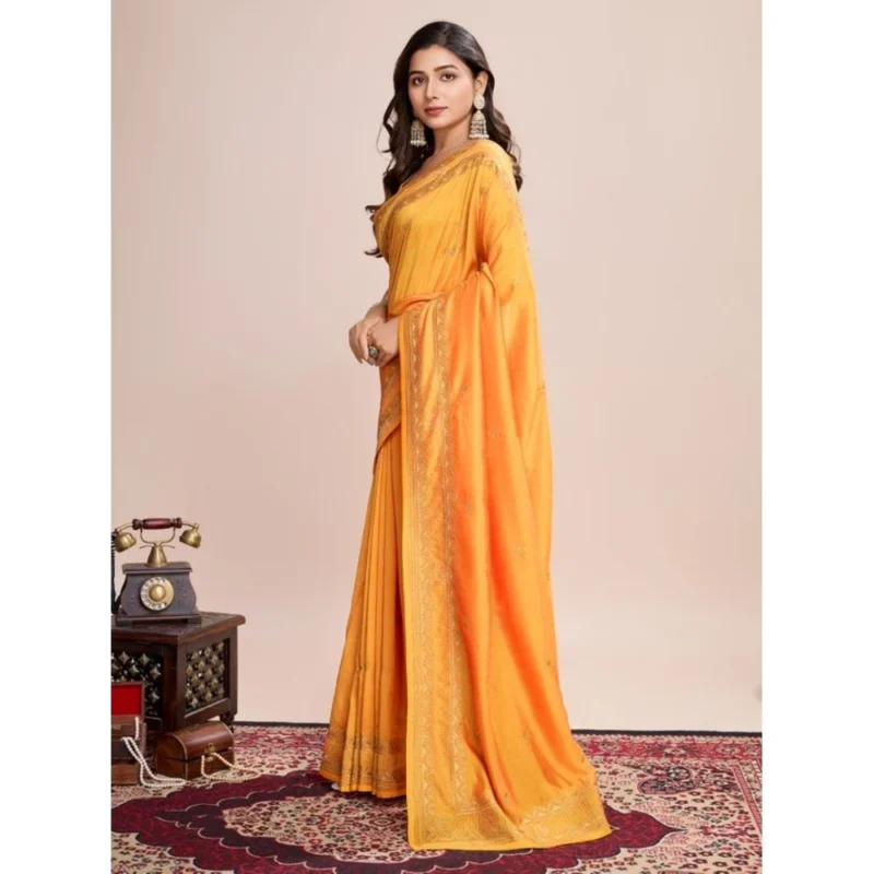 Women's Vichitra Silk Embroidery Work Saree With Unstitched Blouse 5.5Mtr (Mustard)