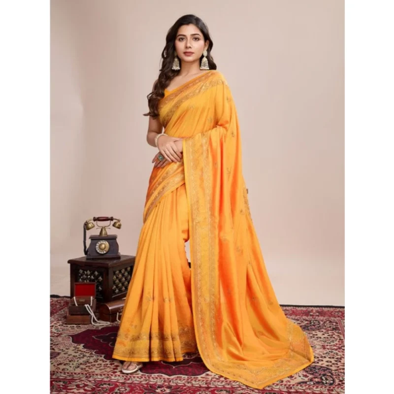 Alternative view of Women's Vichitra Silk Embroidery Work Saree With Unstitched Blouse 5.5Mtr (Mustard)