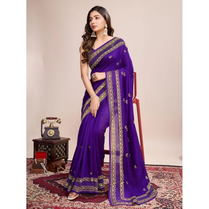 Alternative view of Women's Vichitra Silk Embroidery Work Saree With Unstitched Blouse 5.5Mtr (Purple)