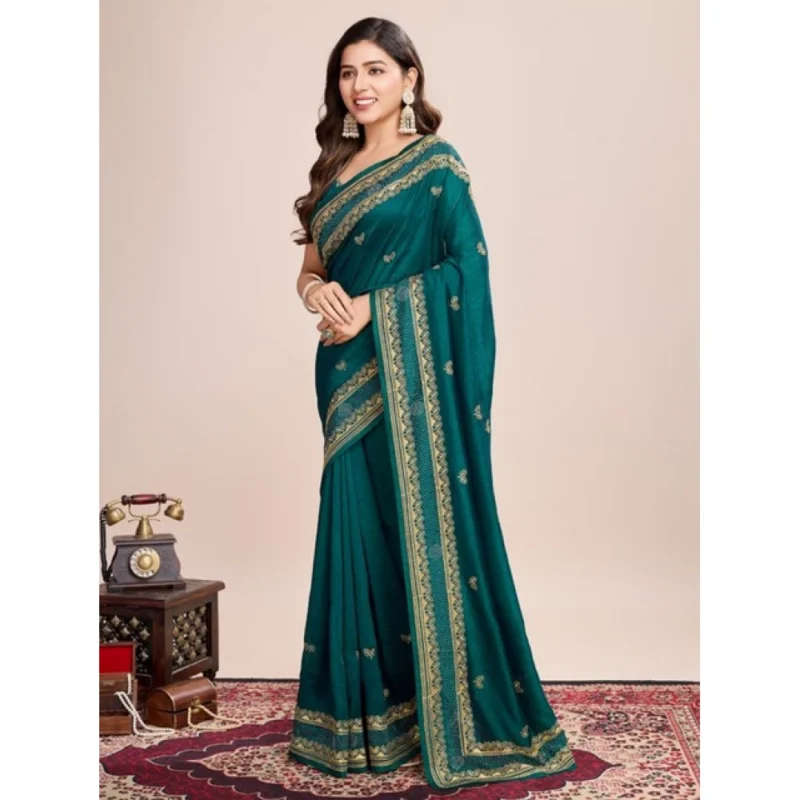 Women's Vichitra Silk Embroidery Work Saree With Unstitched Blouse 5.5Mtr (Rama)