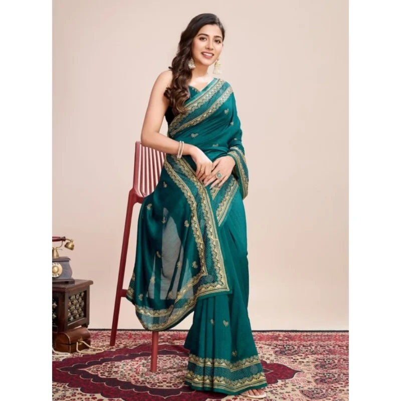 Alternative view of Women's Vichitra Silk Embroidery Work Saree With Unstitched Blouse 5.5Mtr (Rama)