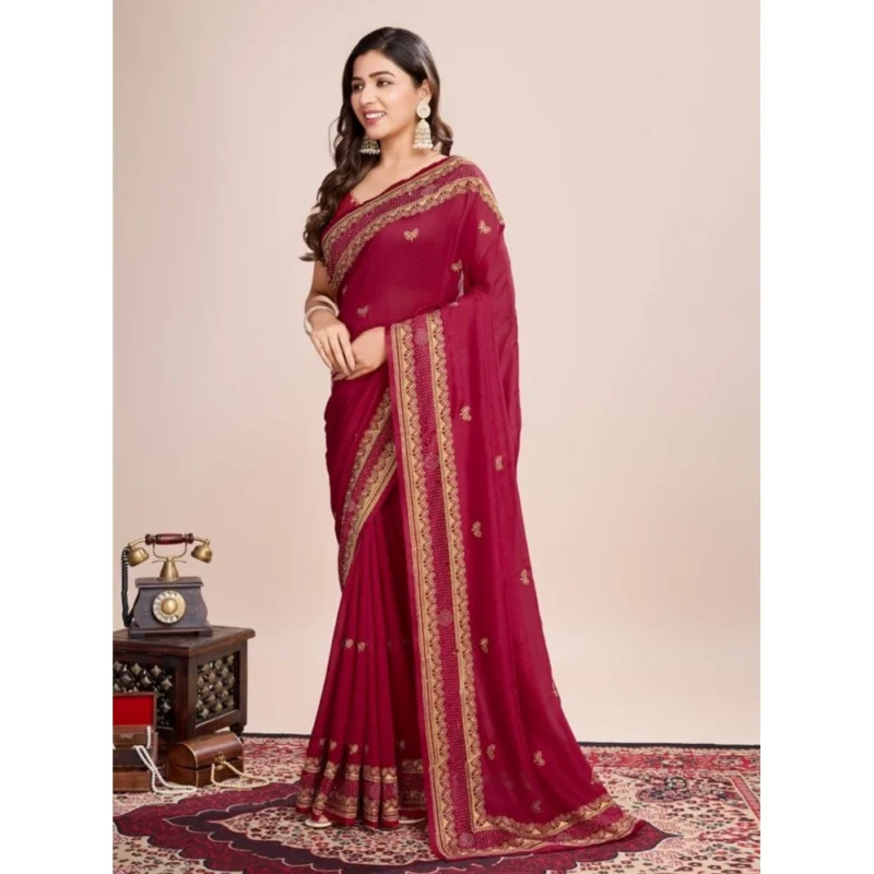 Women's Vichitra Silk Embroidery Work Saree With Unstitched Blouse 5.5Mtr (Red)