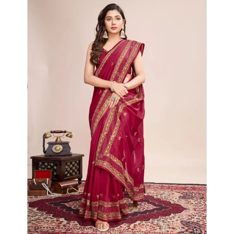 Alternative view of Women's Vichitra Silk Embroidery Work Saree With Unstitched Blouse 5.5Mtr (Red)