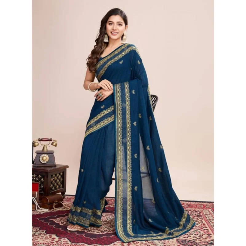 Alternative view of Women's Vichitra Silk Embroidery Work Saree With Unstitched Blouse 5.5Mtr (Teal)