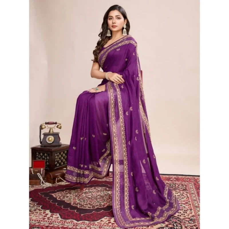Women's Vichitra Silk Embroidery Work Saree With Unstitched Blouse 5.5Mtr (Wine)