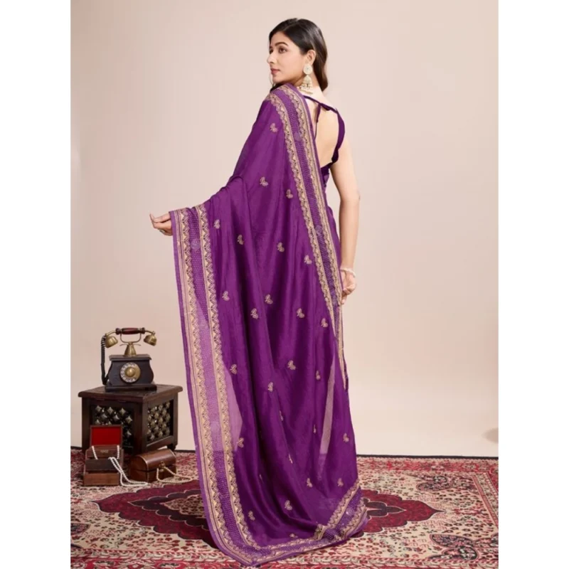 Alternative view of Women's Vichitra Silk Embroidery Work Saree With Unstitched Blouse 5.5Mtr (Wine)
