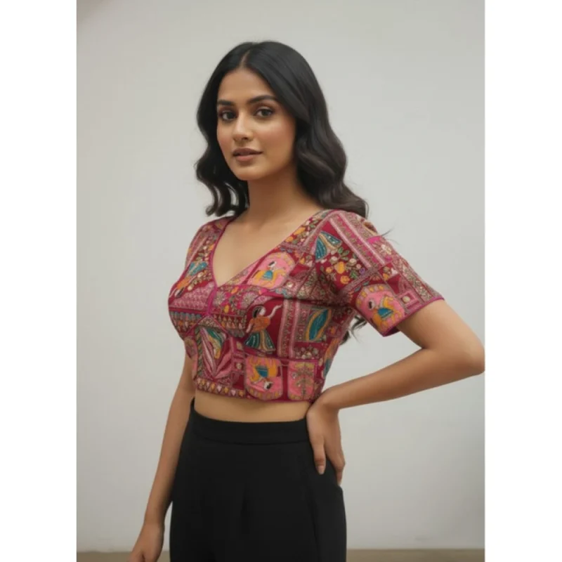 Alternative view of Women's Crepe Position Print V Neck Short Sleeve Readymade Blouse (Pink 38 Ready , Alterable 36鈥?0)-PID65822