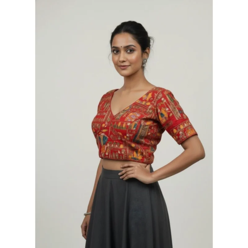 Alternative view of Women's Crepe Position Print V Neck Short Sleeve Readymade Blouse (Red 38 Ready , Alterable 36鈥?0)-PID65824