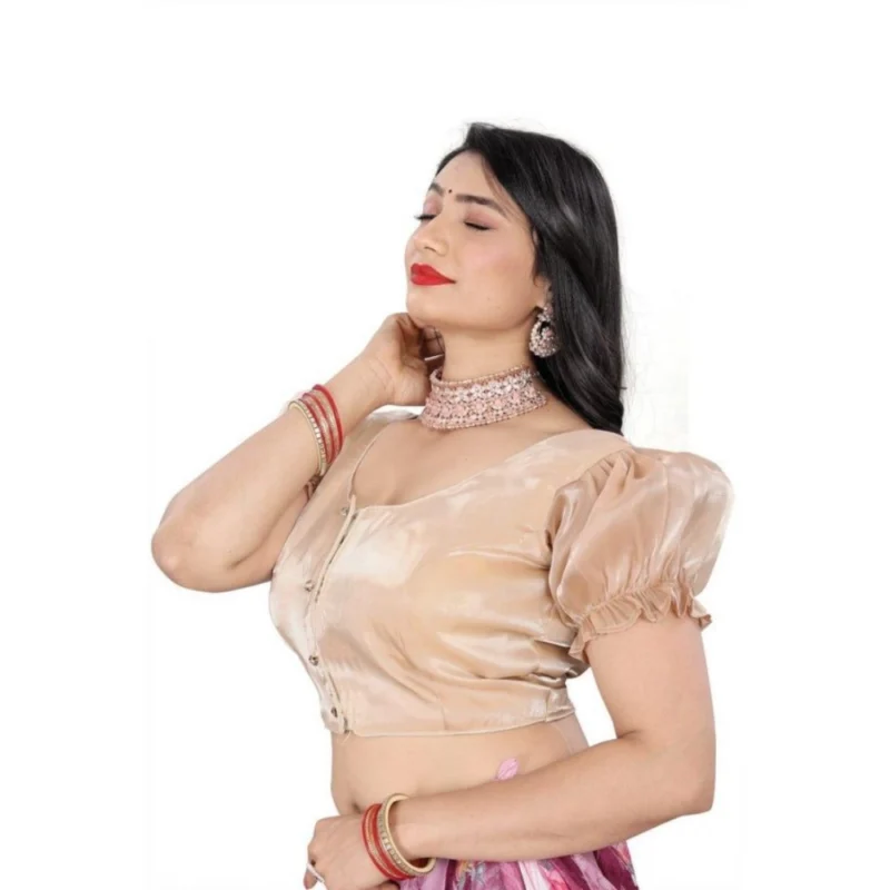 Alternative view of Women's Jimmy Solid Designer Neck Elastic Sleeve Readymade Blouse (Beige 38 , Alterable up to 42)-PID65826