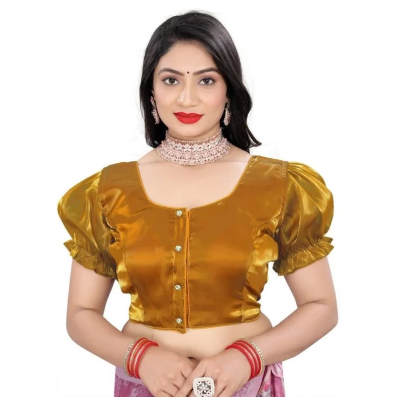 Women's Jimmy Solid Designer Neck Elastic Sleeve Readymade Blouse (Gold 38 , Alterable up to 42)-PID65828