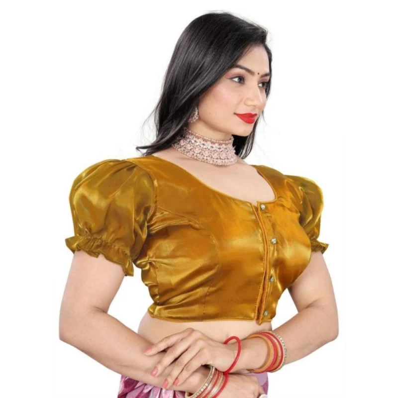 Alternative view of Women's Jimmy Solid Designer Neck Elastic Sleeve Readymade Blouse (Gold 38 , Alterable up to 42)-PID65828