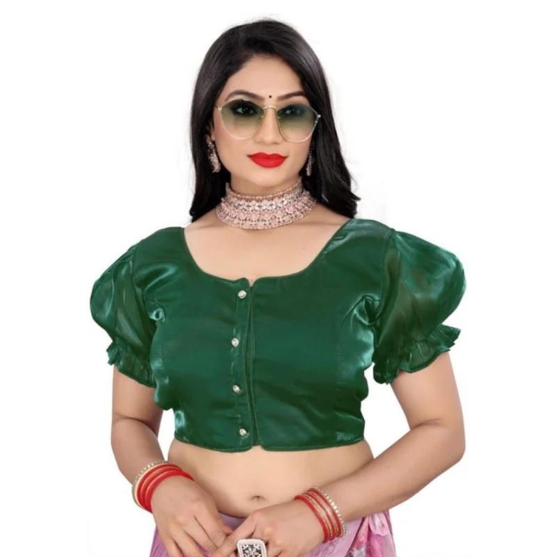 Women's Jimmy Solid Designer Neck Elastic Sleeve Readymade Blouse (Green 38 , Alterable up to 42)-PID65829