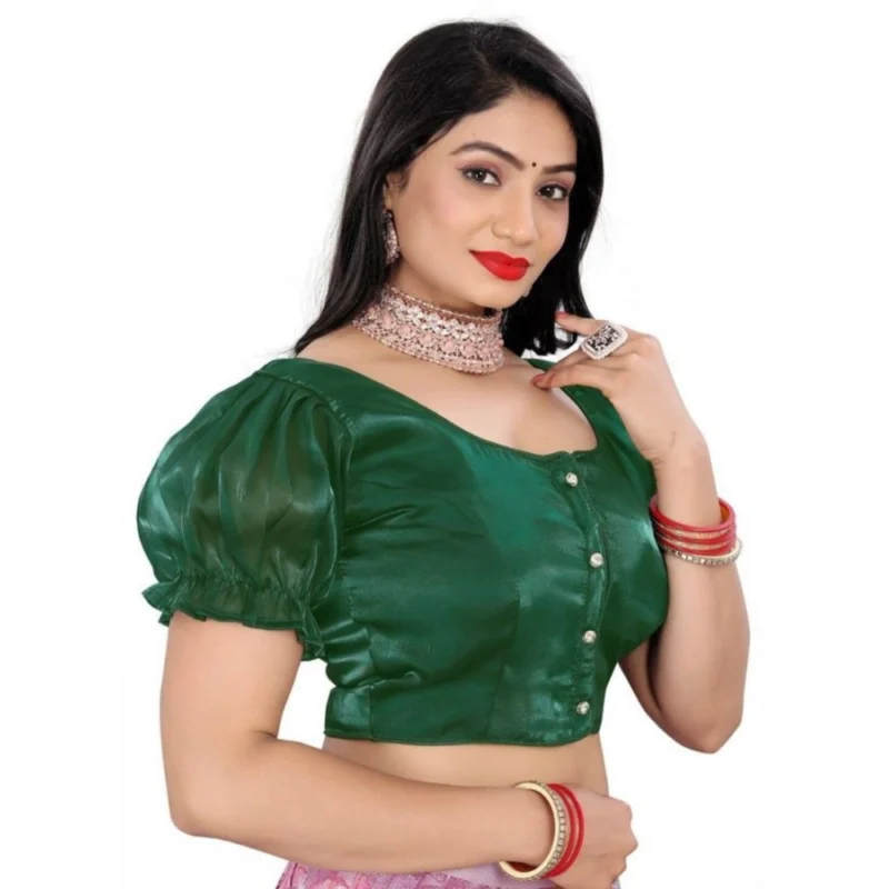 Alternative view of Women's Jimmy Solid Designer Neck Elastic Sleeve Readymade Blouse (Green 38 , Alterable up to 42)-PID65829