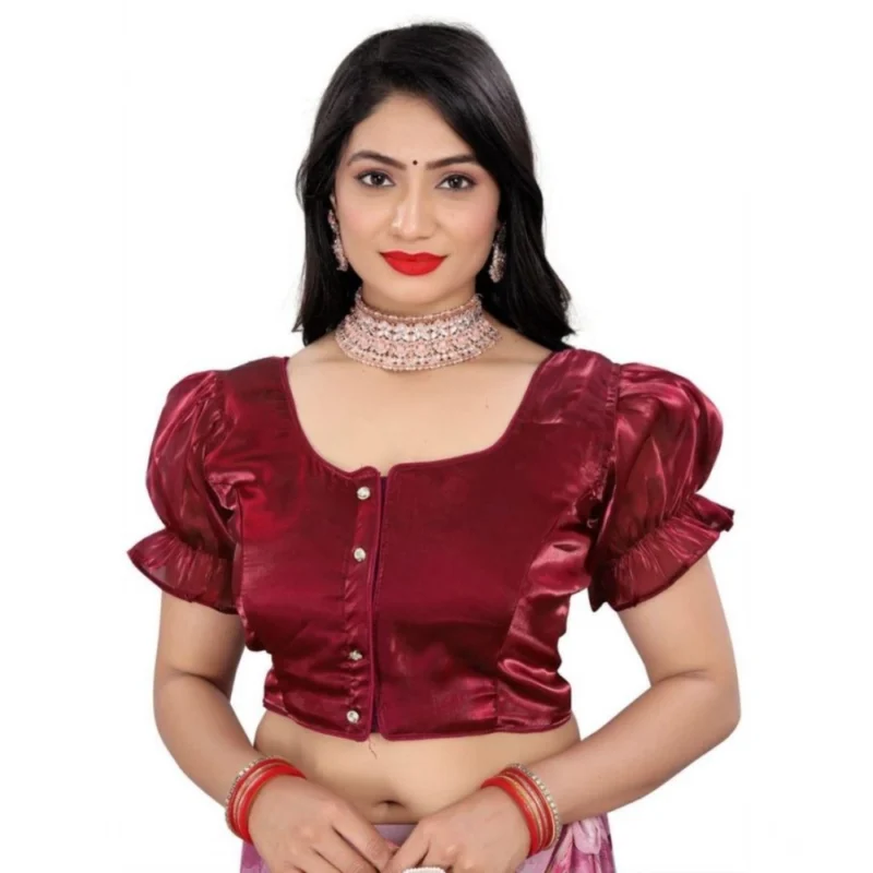 Women's Jimmy Solid Designer Neck Elastic Sleeve Readymade Blouse (Maroon 38 , Alterable up to 42)-PID65831