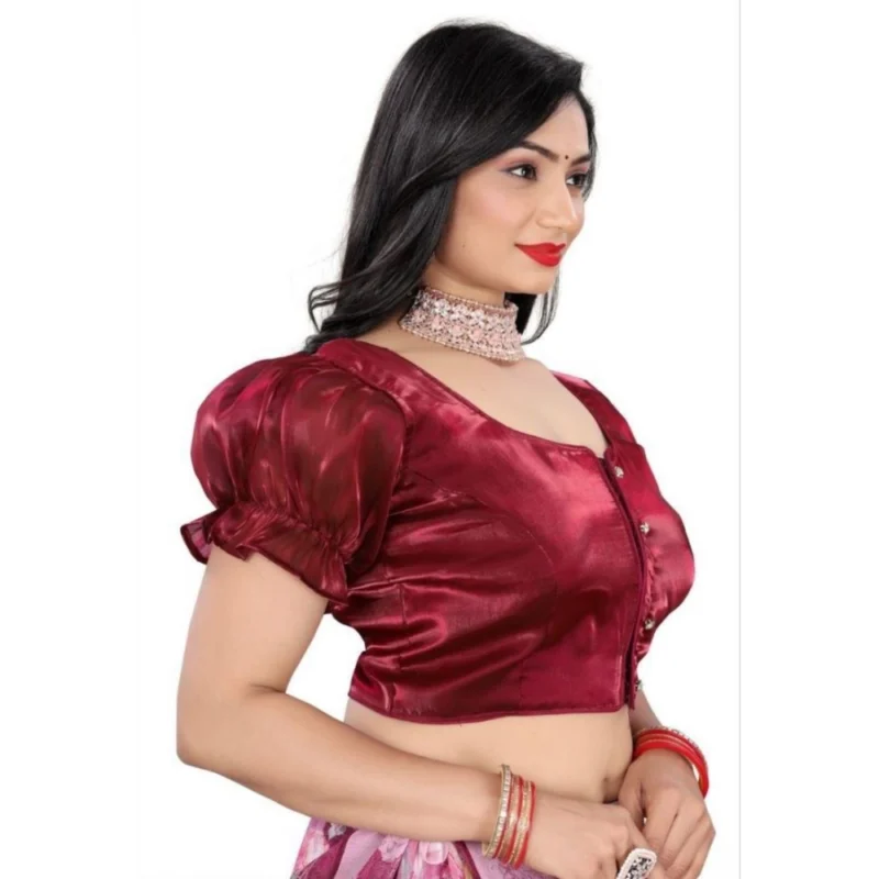 Alternative view of Women's Jimmy Solid Designer Neck Elastic Sleeve Readymade Blouse (Maroon 38 , Alterable up to 42)-PID65831
