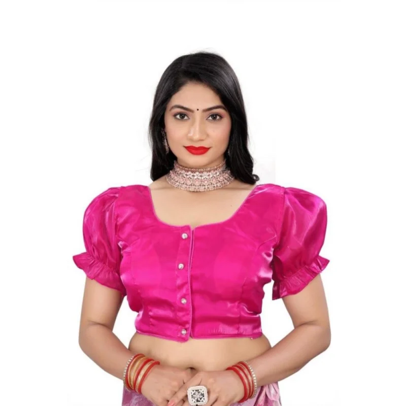 Women's Jimmy Solid Designer Neck Elastic Sleeve Readymade Blouse (Pink 38 , Alterable up to 42)-PID65832