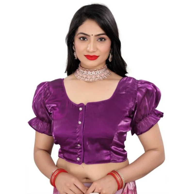 Women's Jimmy Solid Designer Neck Elastic Sleeve Readymade Blouse (Purple 38 , Alterable up to 42)-PID65833