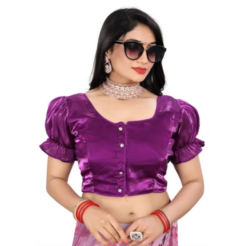 Alternative view of Women's Jimmy Solid Designer Neck Elastic Sleeve Readymade Blouse (Purple 38 , Alterable up to 42)-PID65833