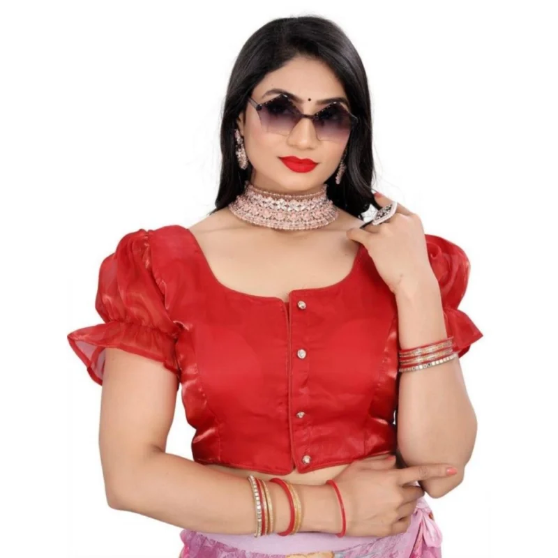 Women's Jimmy Solid Designer Neck Elastic Sleeve Readymade Blouse (Red 38 , Alterable up to 42)-PID65834