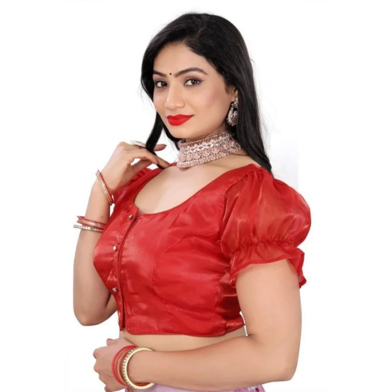 Alternative view of Women's Jimmy Solid Designer Neck Elastic Sleeve Readymade Blouse (Red 38 , Alterable up to 42)-PID65834