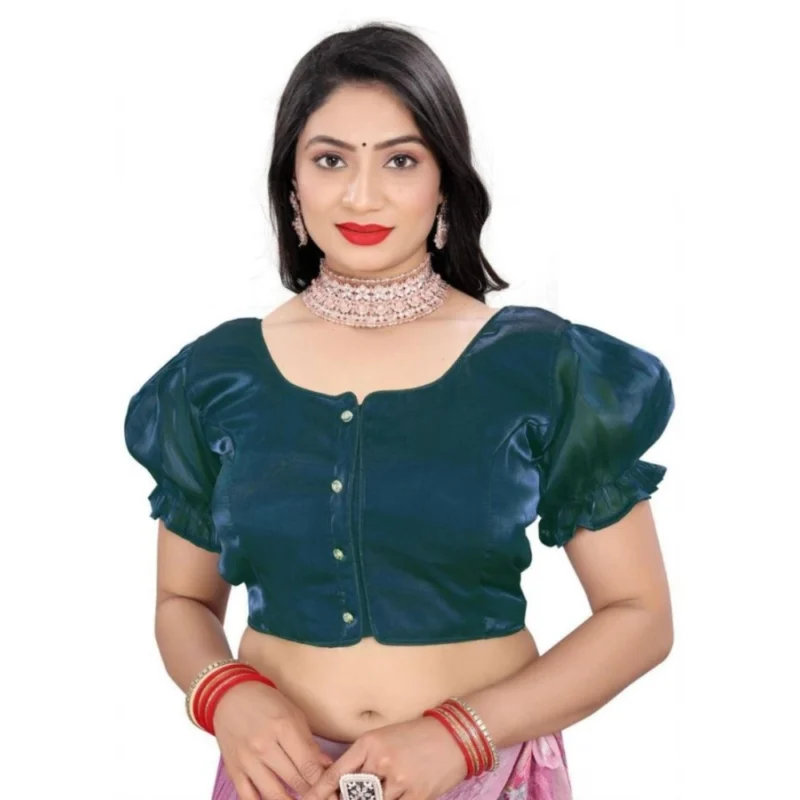 Women's Jimmy Solid Designer Neck Elastic Sleeve Readymade Blouse (Teal 38 , Alterable up to 42)-PID65835