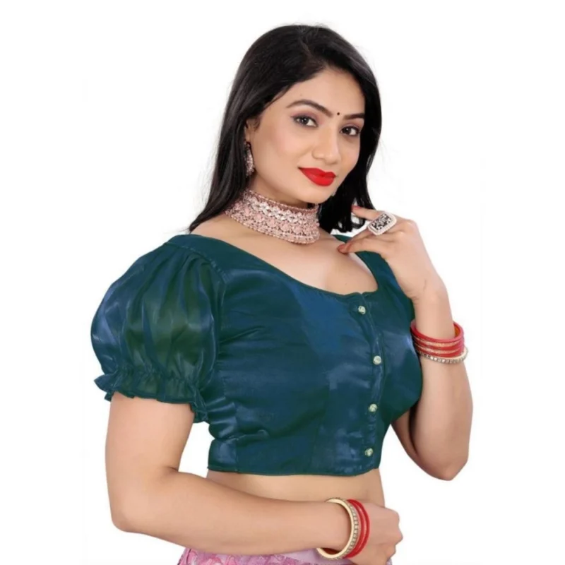 Alternative view of Women's Jimmy Solid Designer Neck Elastic Sleeve Readymade Blouse (Teal 38 , Alterable up to 42)-PID65835